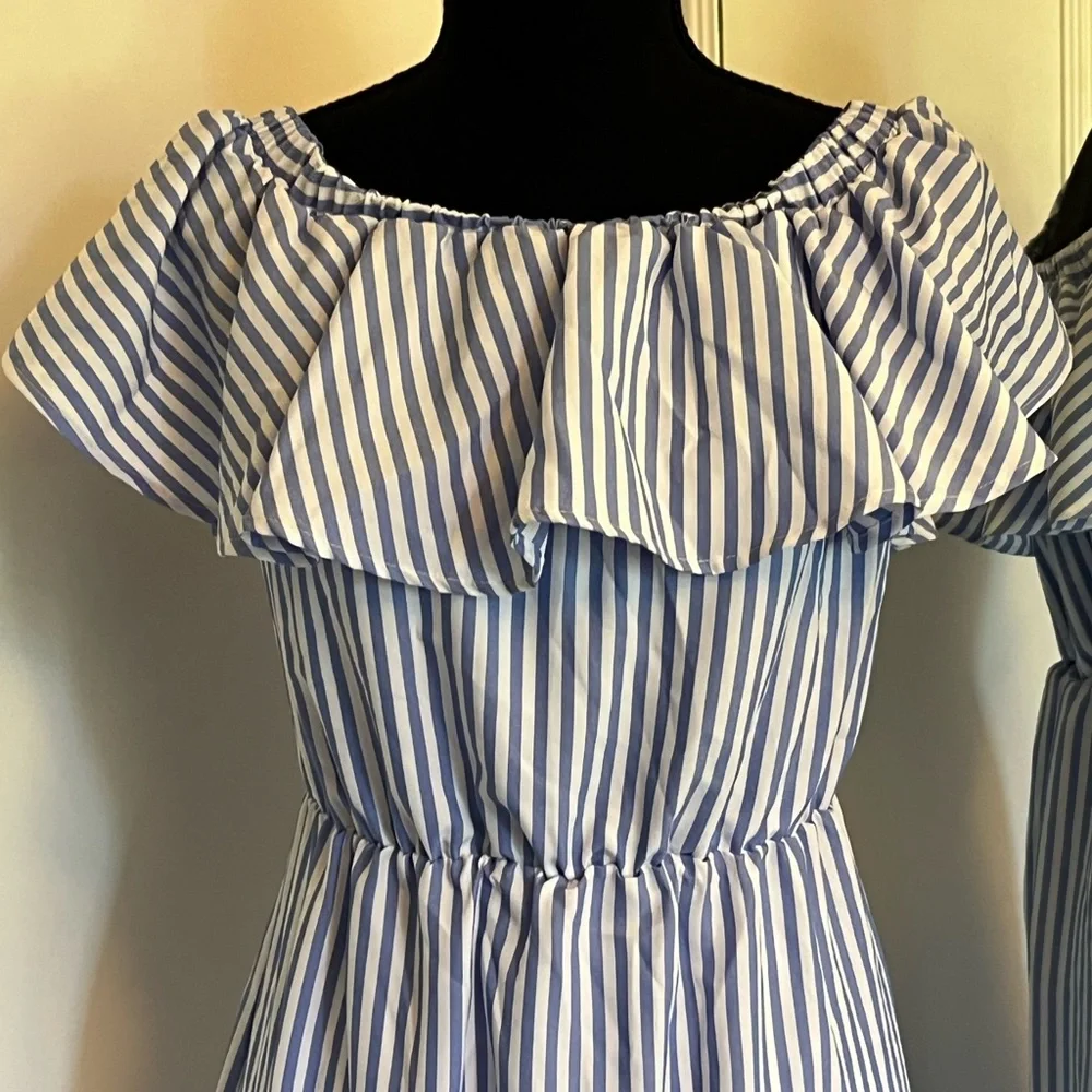 LOVE J OFF THE SHOULDER BLUE & WHITE STRIPE DRESS‎ NWOT SLIPS ON - Picture 2 of 9